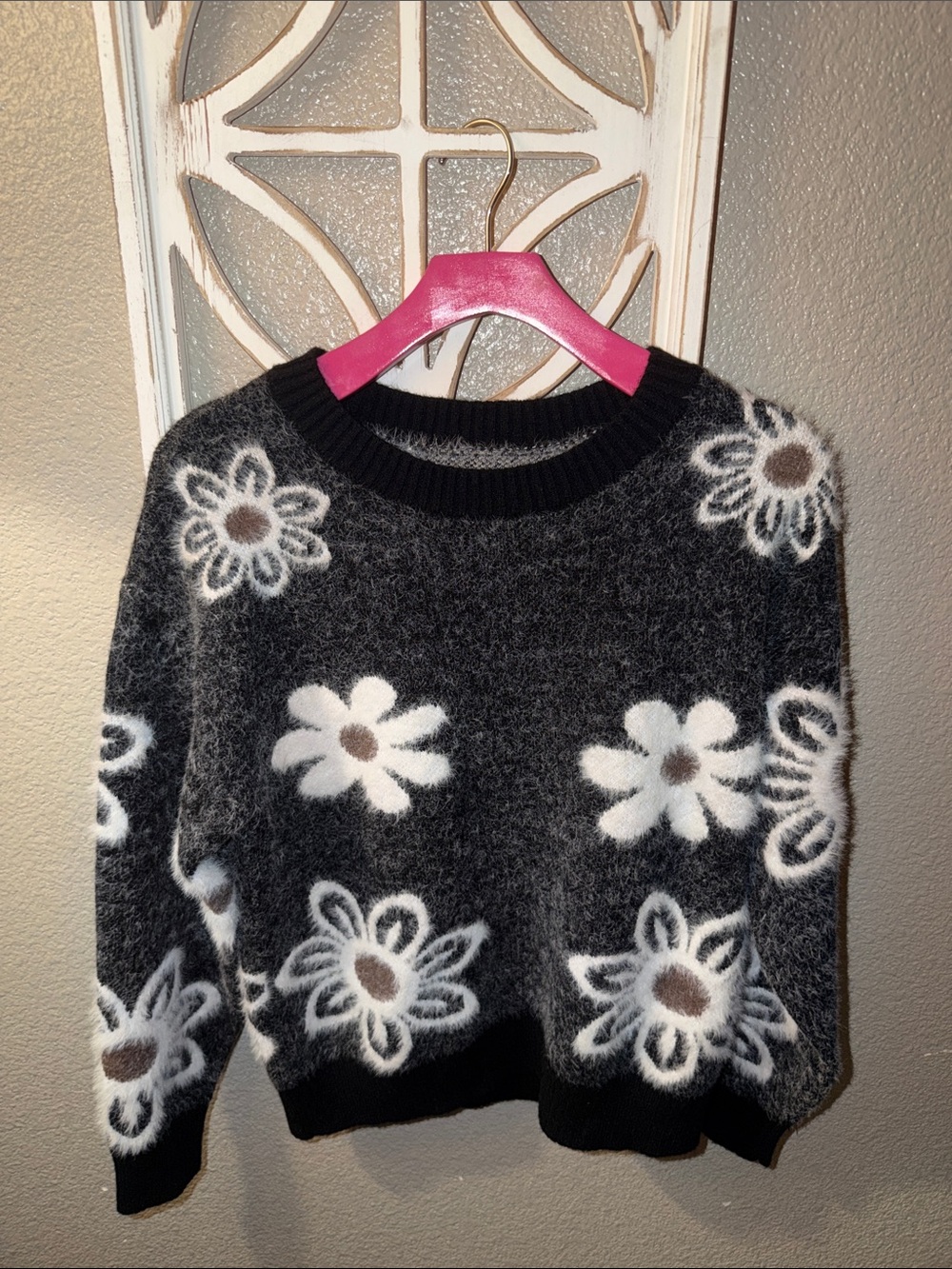 Cozy Black & White Floral Crewneck Sweater